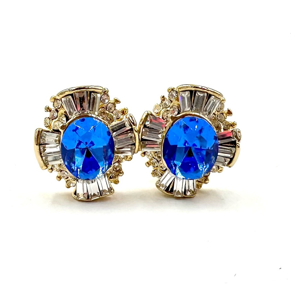 Glamorous Gold Tone Blue Clear Sparkling Halo Rhinestone Clip On Earrings
